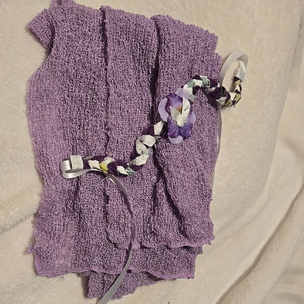 Handmade Purple Knit Scarf with Floral Accents